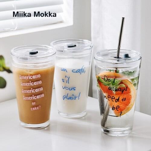 Glass Cup Ins Wind Straw Cup Korean Girl Heart Home High-value Cartoon Printing Milk Cup Large-capacity Cup