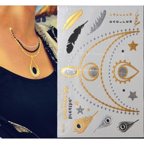 Flash gold metallic tattoo Taty fake necklace body stocking tatoo temporary stickers arabic gold glitter large temporary tattoos