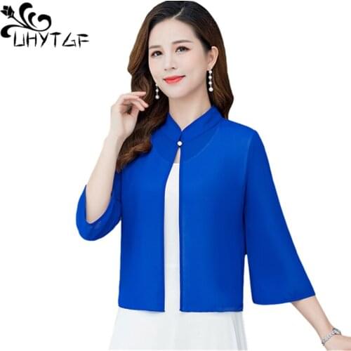 UHYTGF Summer tops coats women Korean chiffon small shawl thin Sun protection clothing Bat sleeves Short coat 5XL plus size 1067