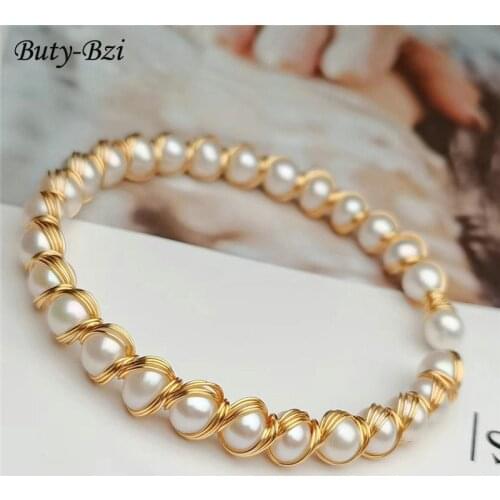 Vintage Baroque Natural Freshwater Pearl Round Beads Handmade Winding Gold Plated Bangle Luxury Jewelry Gift Woman Bracelets