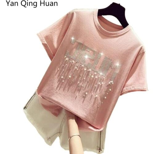 Yan Qing Huan Summer New Loose Letter Animal Rabbit Print Pattern Ladies Short-sleeved T-shirt Bow Beaded Womens Harajuku Tees