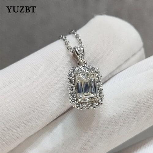 YUZBT Women 925 Silver 1 Carat Excellent Cut Emerald Gemstone Chain Diamond Test Past D Color Moissanite Pendant Necklace Gift