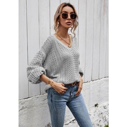 2021 Sweaters Women Fashion Hollow Out Lantern Sleeve Oversized Loose V Neck Sweater Female Casual Solid Color Knitted Pullovers