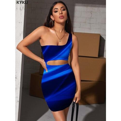 KYKU Abstract Dresses Women Psychedelic Halter Sleeveless Art Hollow out Dresses Dark Blue Vestido Sexy Womens Clothing