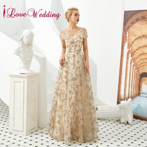 Glamorous Evening Dresses Illusion Straps V Neck Off the Shoulder Gold Lace Crystal Women Formal Long Evening Gown for Party