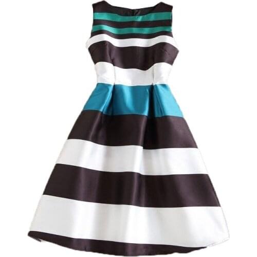 BunniesFairy 2020 Summer New Audrey Hepburn 50s Vintage Stripe Geometric Floral Print Robe Retro Swing Rockabilly Dress Vestido