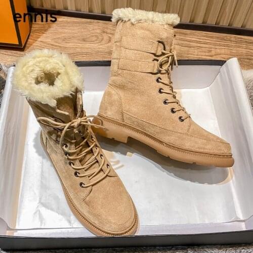 ENNIS 2020 Winter Snow Boots Woman Flat Boots Warm Shoes Female Martins Fashion Black Lace Boots Flock Shoes Big Size Plush A82A