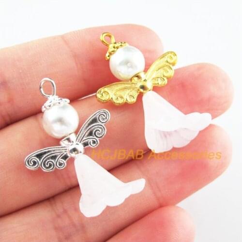 10Pcs Retro Gold Silver Plated White Acrylic Angel Charms Pendants 22x32mm