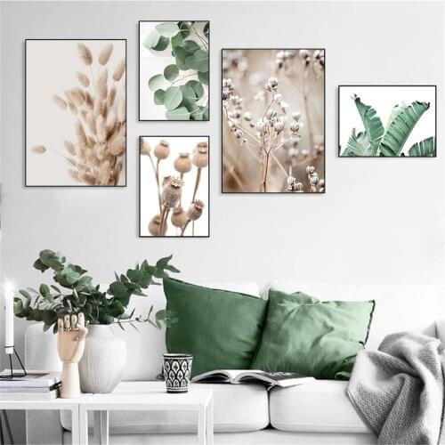 Bunny Tail Grass Wall Art Posters And Prints Reeds Sand Banana leaf Monstera Canvas Painting Wall Picture Living Room Home Decor