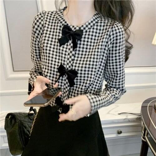 Blouses Women Short Plaid Pattern Bowknot Tops Females Long-sleeved Shirt 2020 New Autumn Winter Blouse for Femme Blusa Mujer