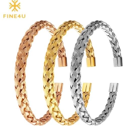 FINE4U B052 316L Stainless Steel Cuff Bracelet Bangles For Women Twisted Cable Wire Bracelet 3 Colors Choices
