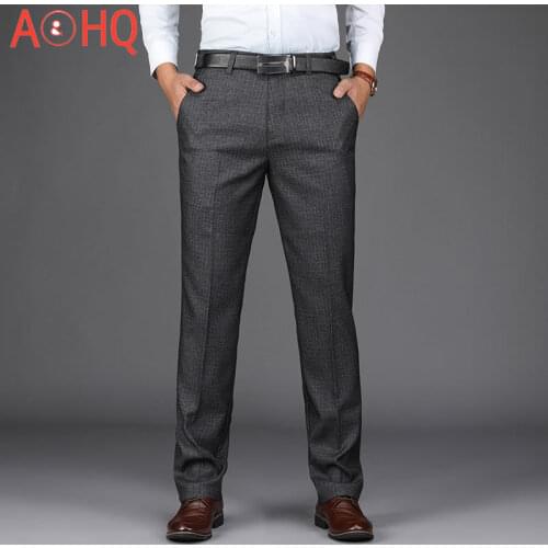 Plaid Dress Pants Men Stretch Grey Classic Loose Straight Formal Office Trousers Man Business Big Size 38 40 Suit Pant