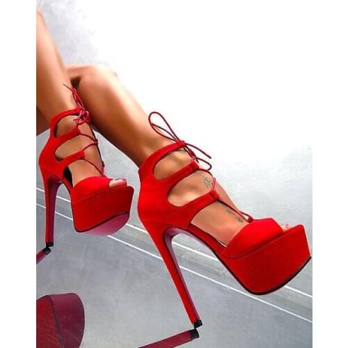 Carpaton Newest Sexy Peep Toe Platform High Heel Sandal Summer Lace-up Gladiator Shoes Red Black Suede Cutouts Thin Heels Shoes