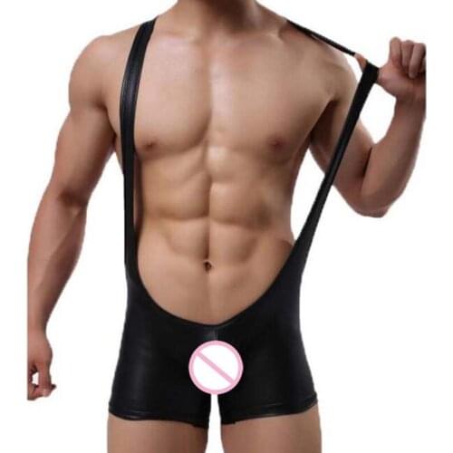 Mens Sexy Bodysuit Black Faux Leather Gloosy Wresting Singlet Bodysuit Men Sexy Lingerie Hot