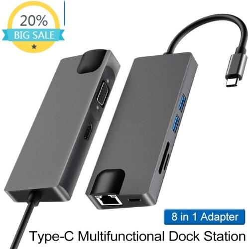 Type-c to HDMI VGA 8 in 1 Docking Station Computer Converter with Broadcom NetXtreme Gigabit Ethernet for Apple