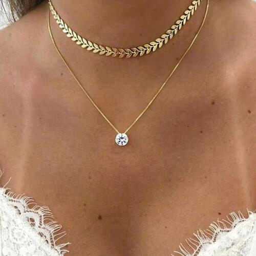 YWZIXLN 2021 Elegant Jewelry Vintage Fish Bones Chain Crystal Pendant Necklace Golden Color Unquie Women Fashion Necklace N0195