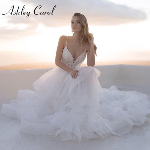 Ashley Carol A-Line Wedding Dress 2021 Sweetheart Backless Beaded Spaghetti Straps Ruffles Bride Dresses Appliques Vestido Noiva