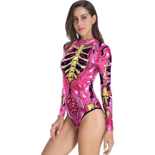 FCCEXIO Color Ribs Skull 3D Print Women One-Piece Swimsuit Summer Casual Long Sleeve Beachwear Bathing Suit Sexy Tight Swimwear