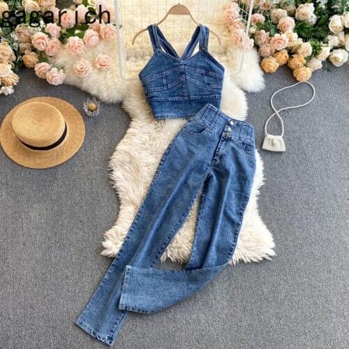 Gagarich Woman Sets Sexy Off-the-shoulder Sling Denim Vest Top High Waist Trim Big Long Leg Straight Jeans Two-piece Suit Girl