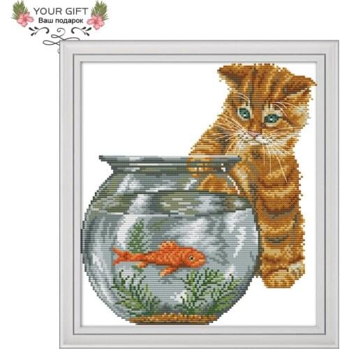 Joy Sunday Cat and Fish Cross Stitch DA262 14CT 11CT Counted and Stamped Home Decor Cat and Fish Joy Sunday Kit Cross Cat