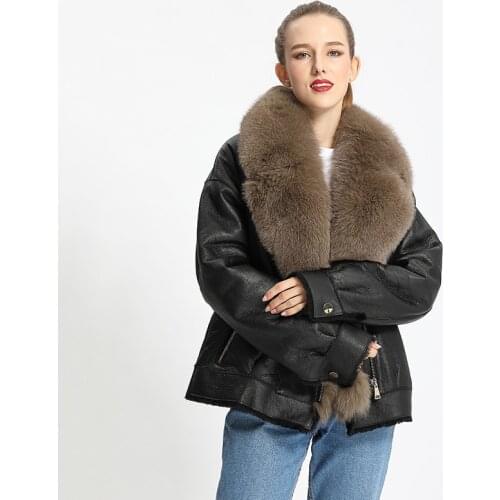 Winter Short Black Leather Jacket Women Real Fur Collar Moto Sheepskin Shearling Coat MJF-SJ-14