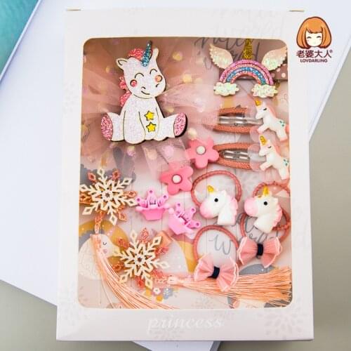 Unicorn Rainbow Little Princess Hair Accessories Set Gift Box Children Hairpin Combination Birthday Gift Young Girl JHeaddress