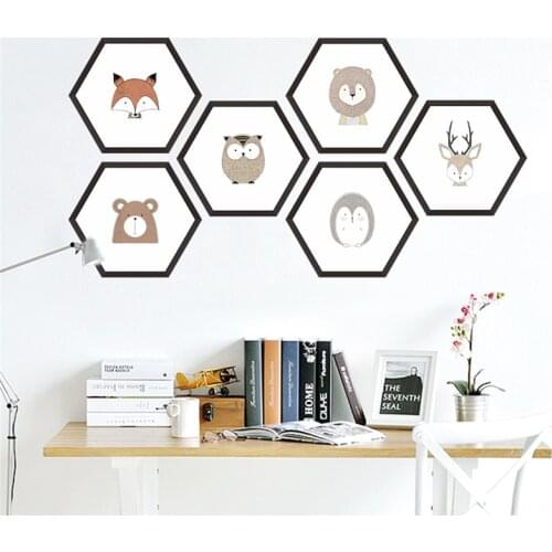 Hexagon Animal Portrait Wall Art Sticker For Office Living Room Bedroom Home Decorations 3d Cartoon Safari Wall Mural Decals