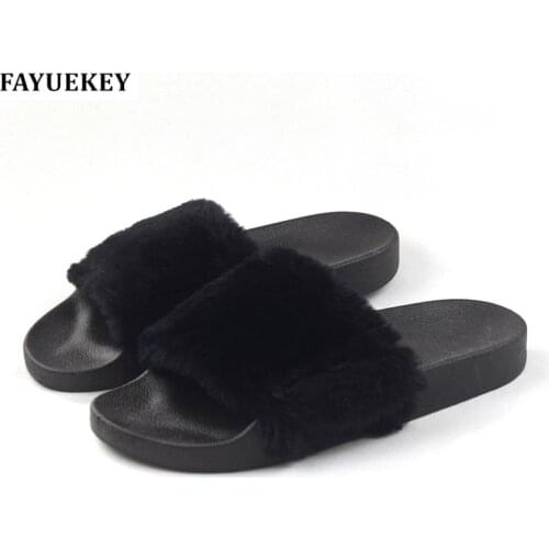 FAYUEKEY 2020 New Summer Fashion Home Women Plush Non-slip Faux Fur Slippers Floor Outdoor Female Beach Furry Slides Shoes