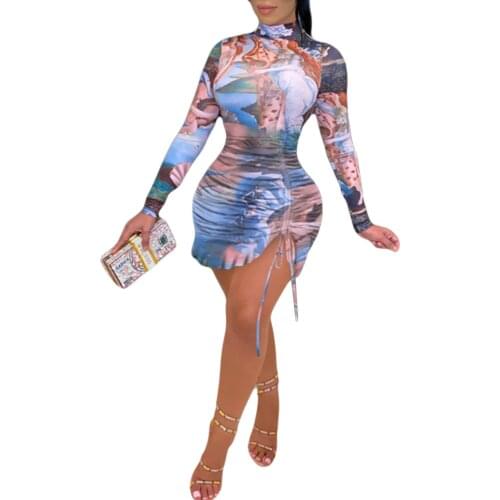 Zoctuo Bodycon Dress Spring Autumn Casual Streetwear Turtleneck Dress Ruffles Pleated Lace Up Sexy Club Long Sleeve Mini Dresses