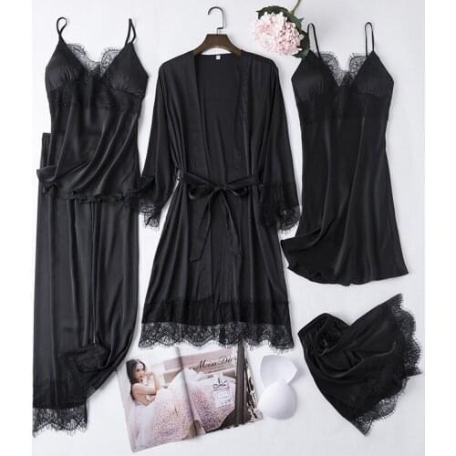 Women 5PCS Pajamas Suit Sexy Pyjamas Satin Sleepwear Intimate Lingire Lace Trim Kimono Bathrobe Set Loose Nightdress Pijamas