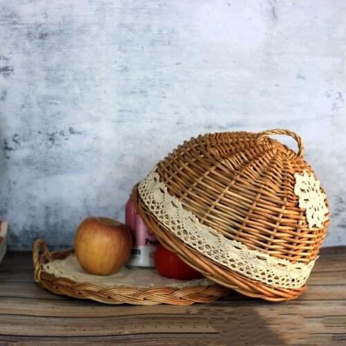 Wicker rattan hand-woven natural wood color zakka round food bread cover refreshment pizza tray