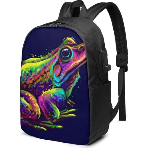 Teenage Backpack for School Boy Girl Abstract Neon Frog School Bag USB Charging Bookbag