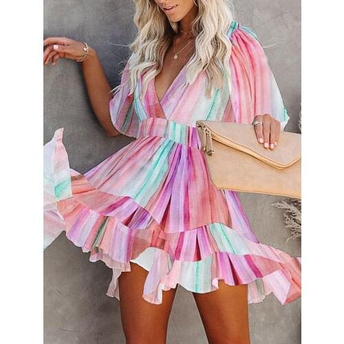 Sheinset Y2K Sexy Floral Print V-Neck Large Bottom Ruffle Hem Mini Vestidos Casual Daily Beach Party Dress