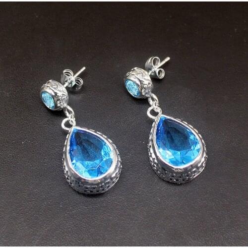 Hermosa Glowing Shiny Vintage Blue Topaz Genuine 925 Silver Stud Earrings Jewelry Gifts for Women Girls 20214159