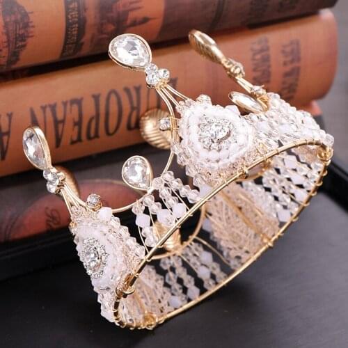 Bridal Pink Gold Tiara Vintage Royal Full Round Crown Alloy Rhinestone Beaded Tiaras Bridesmaid King Headband For Women Men