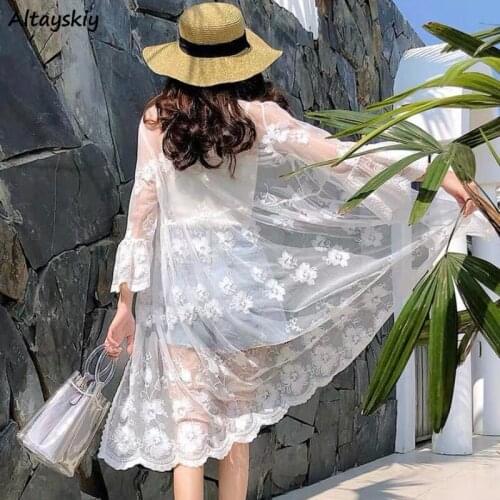 Women Blouse Sun Protection Outerwear Fashion Long Flare Sleeve Mesh Embroidery Thin Loose Party Holiday Maiden Outerwear Sexy