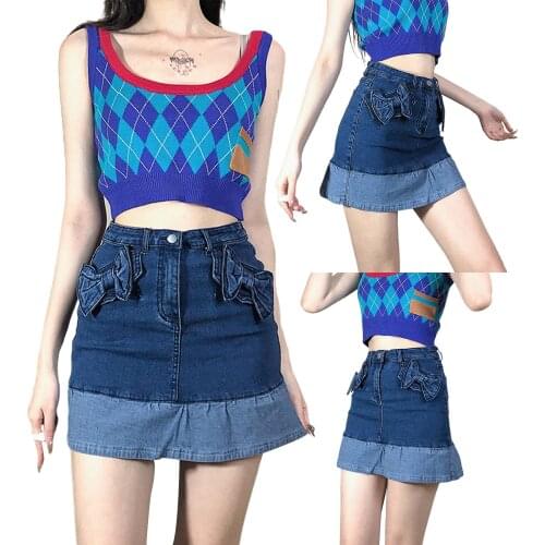 Women Color Block Skirt, Adults High Waisted Bowknot Zipper Ruffle Denim Skirt with Pocket