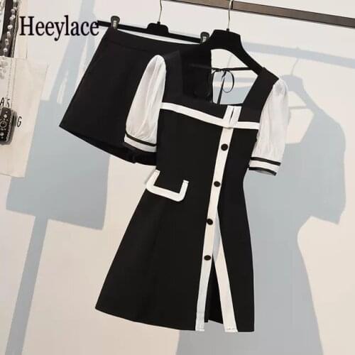 Plus size office ladies two piece set for women Summer short sleeve side split patchwork midi dress and shorts suits korean sets