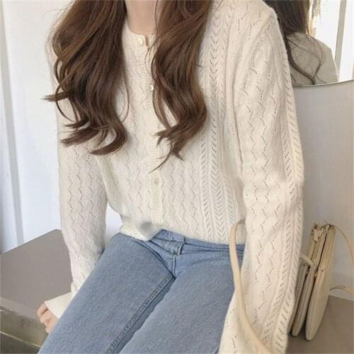 2021 version of new round neck hollow wool knitted jacket cardigan fashion women short long sleeve jacket thin spring and autumn