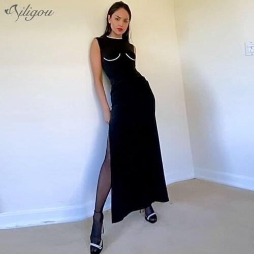 Ailigou 2021 Fall Womens Round Neck Diamond Design Side Slit Long Bandage Dress New Sexy Sleeveless Celebrity Party Dress