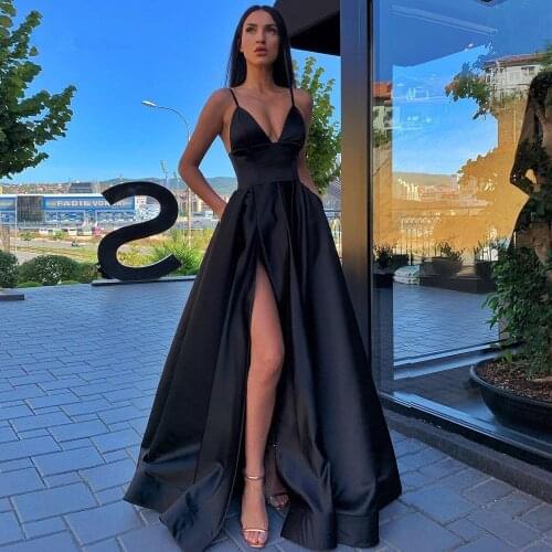 Simple Satin Spaghetti Strap Long Evening Dress A Line Sexy V Neck Split Formal Party Gown Prom Dress 2021 Robe De Soiree