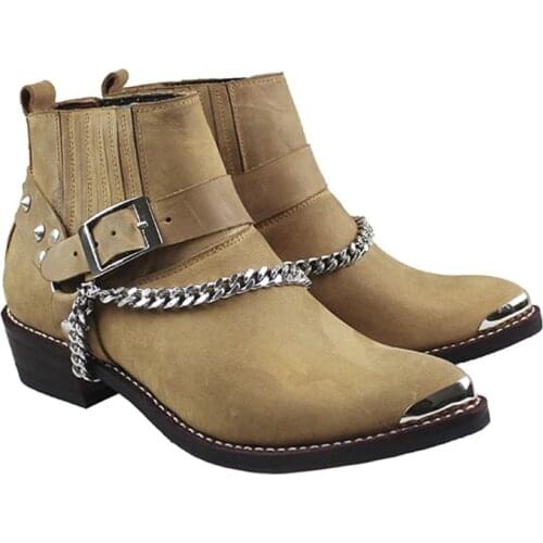 100% Cow Genuine Leather Boots Ankle Pointed Metal Toe Motorcycle Boots Man Punk Cowboy Boots Military with Chains, Sizes 38-46