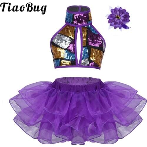 TiaoBug Kids Girls Sequins Stage Performance Lyrical Latin Jazz Dance Costumes Halter Crop Top Tutu Skirt Flower Hair Clip Set