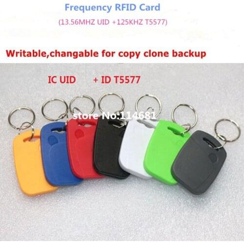 Hot sales IC+ID UID Rewritable Composite Key Tags Keyfob (125KHZ T5577 RFID+13.56MHZ UID Changeable