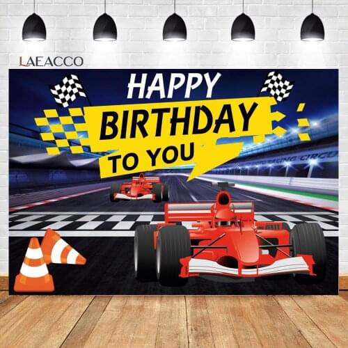 Laeacco Birthday Backdrops Cartoon Grid Flags Rally Racing Car Boy Newborn Photozone Poster Customized Photography Backgrounds