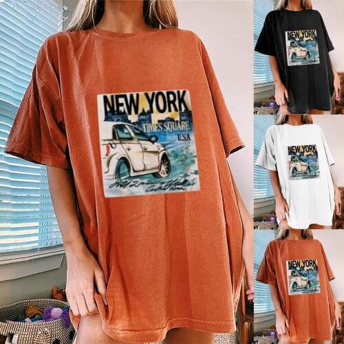 New York Times Square Print Women T Shirt Casual Drop Shoulder Summer Top Tee Shirt Femme Round Neck Long Loose Women Clothes