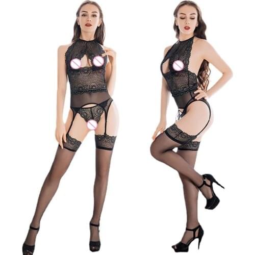 Women Sheer Floral Lingerie Set Embroidery Chemise Dress with Garter Belt Thong and Thigh High Stockings