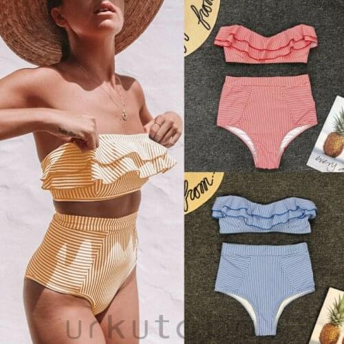 Sexy Strapless Tube Bikini Set Women Red Yellow Blue Striped Swimwear Women Swimming Suit Ruffle Draped High Waist Swimsuit Lady