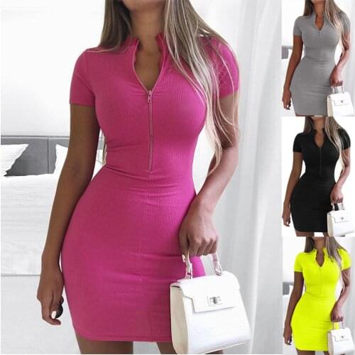 New high neck short sleeve hip skirt 2020 womens zipper dress
