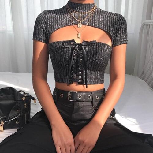 2020 Spring New Four Seasons Black Glitter More Wear Law Short T Shirt Tight Elastic Hollow Out Bind Sexy Women Shirts